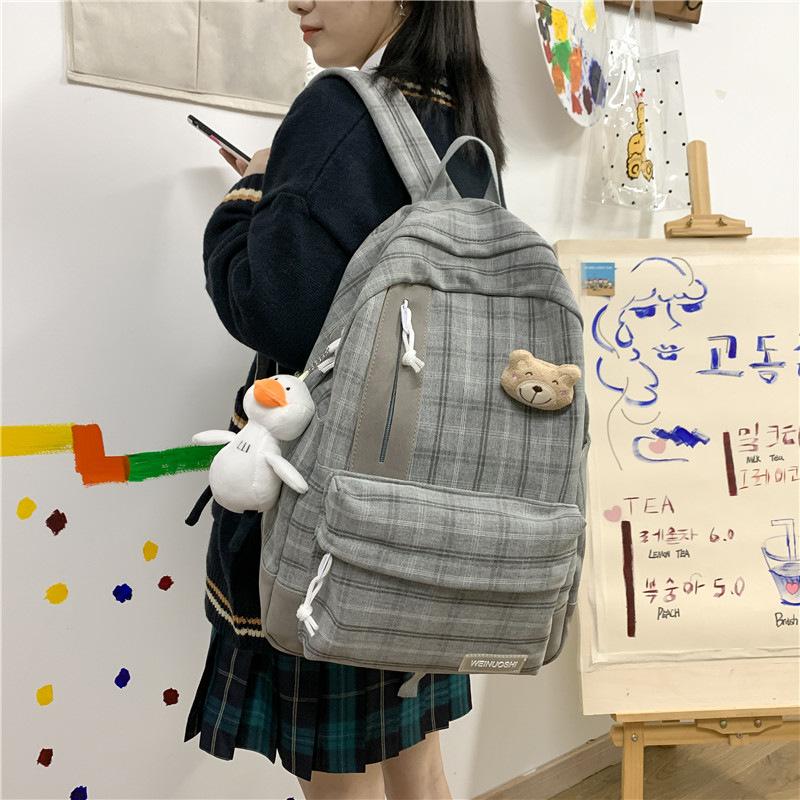 Women's Fashionable and Casual Korean Style High School College Students Backpack Japanese Cotton and Linen Girl Backpack Small Fresh Plaid School Bag