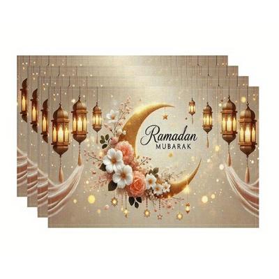Ramadan Mubarak Linen Placemats Holiday Party Decor Golden Moon Lantern Floral Eid Al-Fitr Dining Table Mats Ramadan Decorations