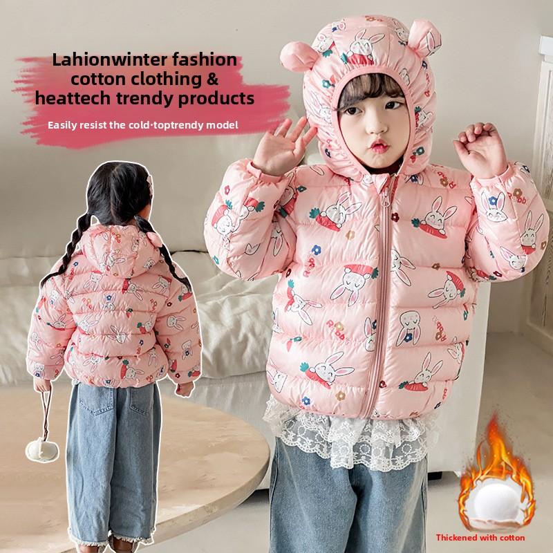 Korean Style Winter Baby Girl Thickened Short Cotton-padded Jacket Girls' Warm Cotton-padded Clothes Children's Autumn Cute Pink Cartoon Print Coats