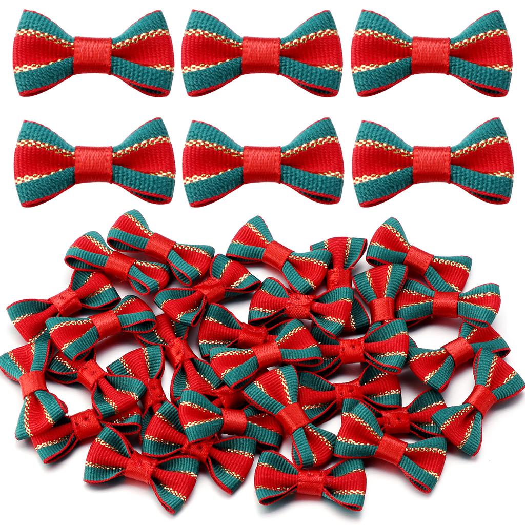 30pcs Christmas Bows Red Green Stripe Satin Ribbon Bows For DIY Christmas Tree Ornament New Year Party Gifts Headwear Decoration