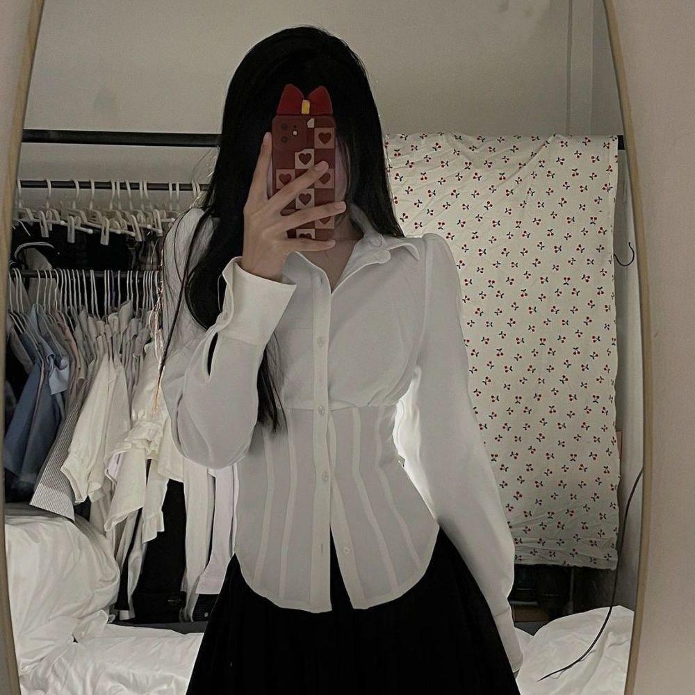 Fish Bone Waist JK Uniform Long Sleeved Shirt for Spicy Women Slim Fit and Slimming Waist Cinching Shirt with Unique Design Sense Top