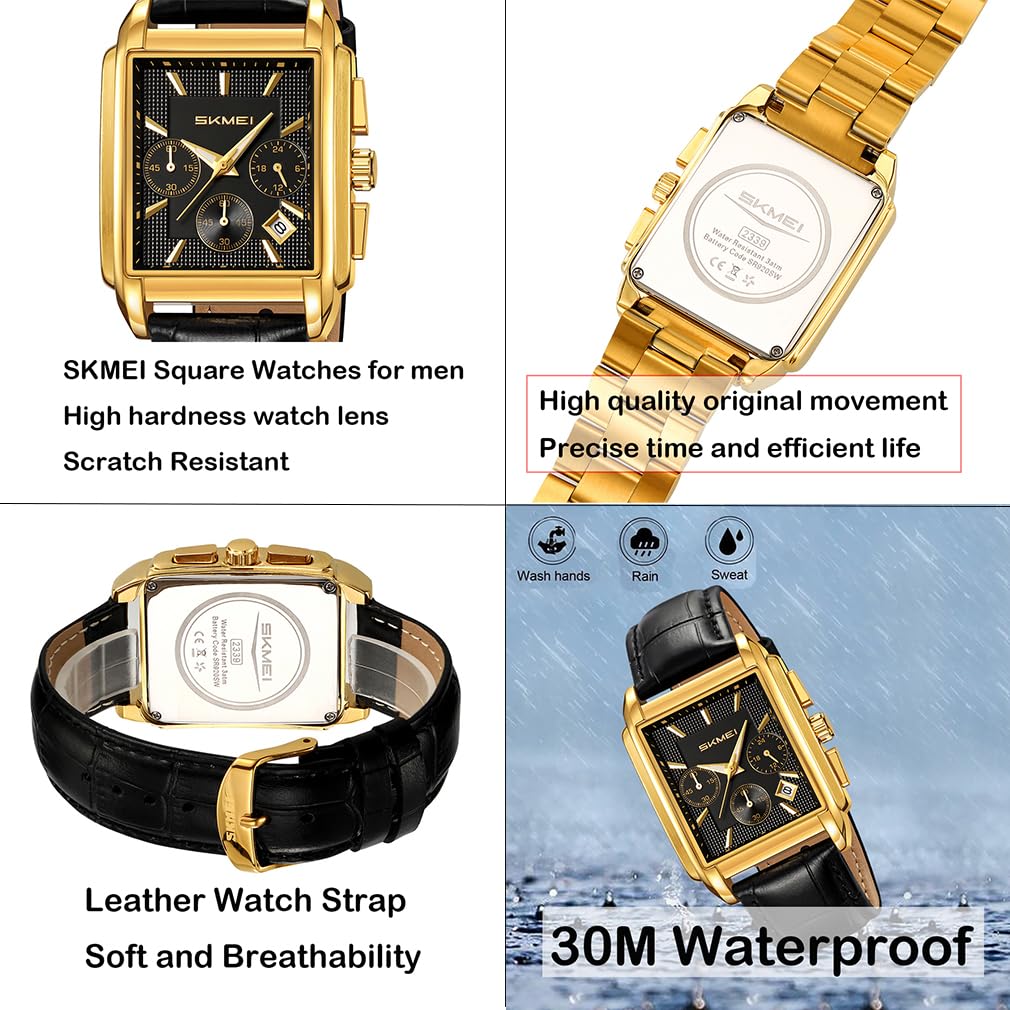 SKMEI Quadratische Uhr Schwarzes Lederarmband Stilvolle Armbanduhr Chronograph Wasserdicht Marke Analog Business Casual Uhr Luxus Geschenk Gold Schwarz Uhr für