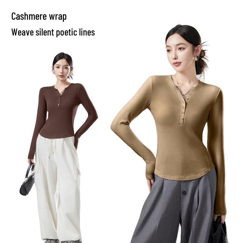 10A Antibacterial German Velvet Women's V-Neck Slim Fit Long Sleeve Warm Base Shirt