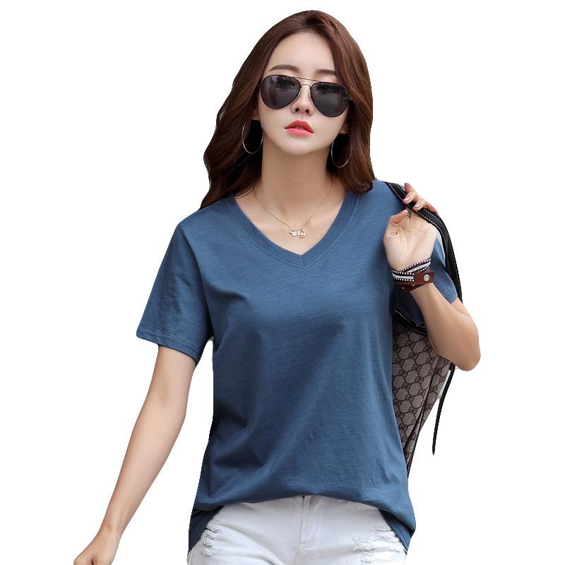 New Short-sleeved Cotton Simple Slimming Loose Korean Style V-neck Large Size Women's T-shirt Tops Bottoming Shirt