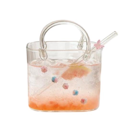 Yousheng Handtaschenförmiges Weinglas, 750 ml Handtaschen-Cocktailbecher mit Strohhalm, Einzigartiger Glasbecher für Saft und Limonade, Kreative Vase für Blumen