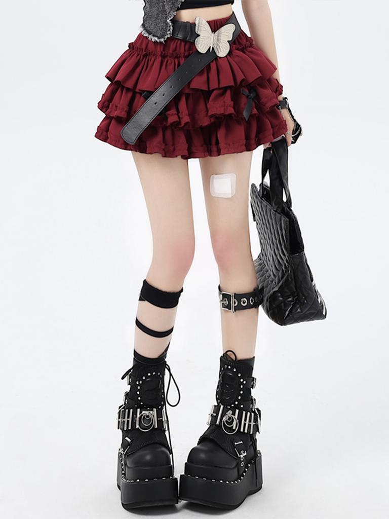 Dámská mini sukně s kraťasy Y2K Punk Gothic styl Kawaii dortová sukně volán elastický pas módní oblečení streetwear