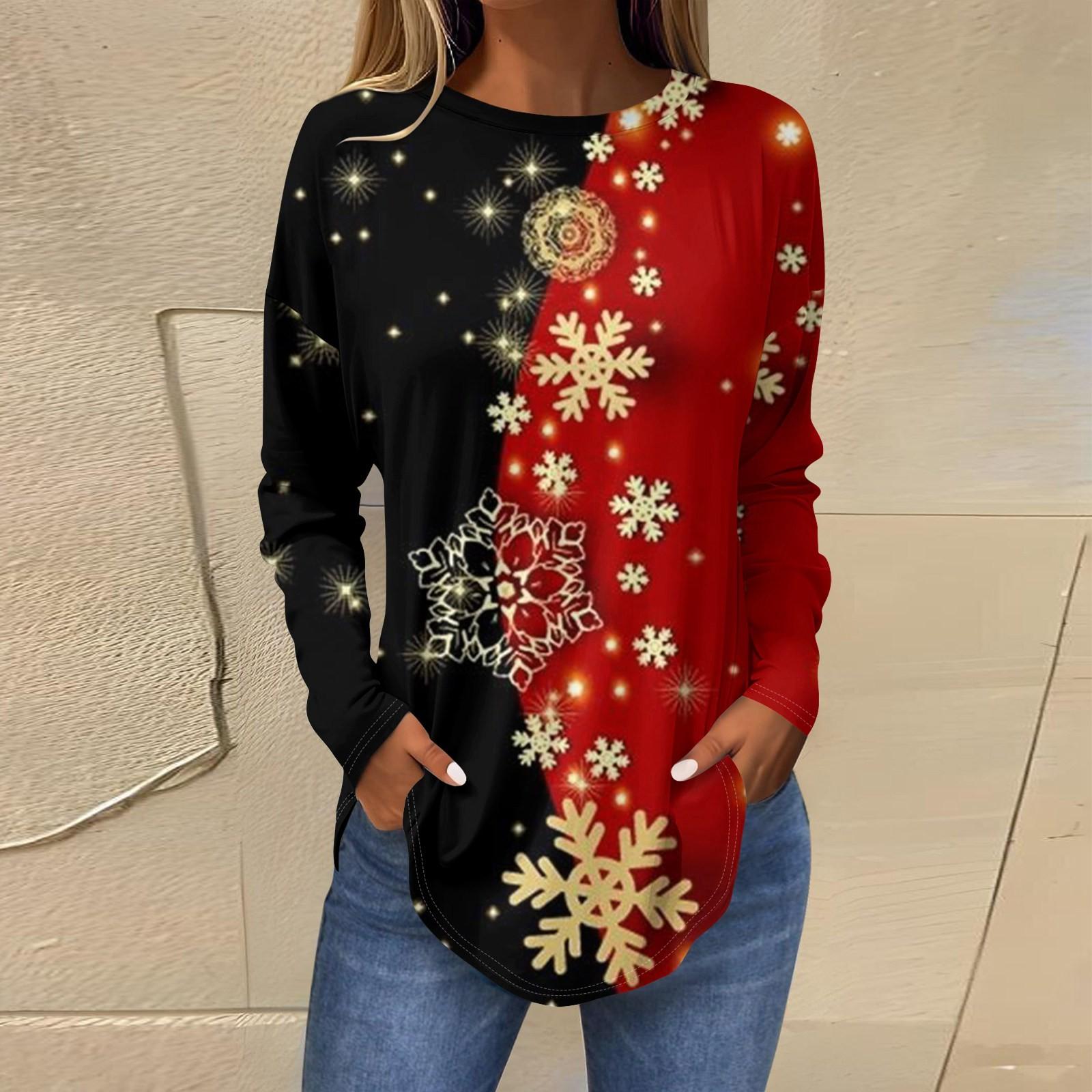 

Футболки для женщин, осенние повседневные рубашки с длинными рукавами, толстовка с ретро-принтом, топ для рождественской вечеринки, пуловер XL винный