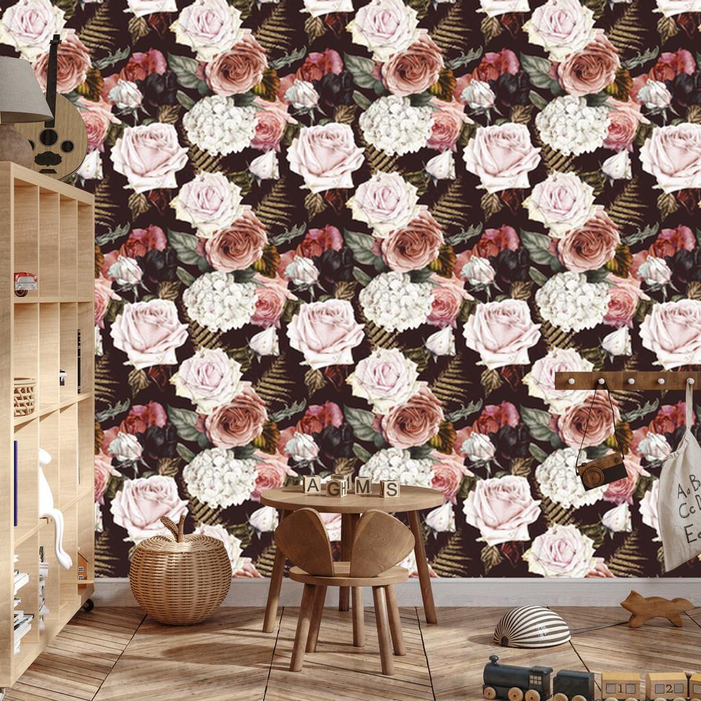 Roses and Fern Leaves Wallpaper for Living Room and Bedroom 50x1000