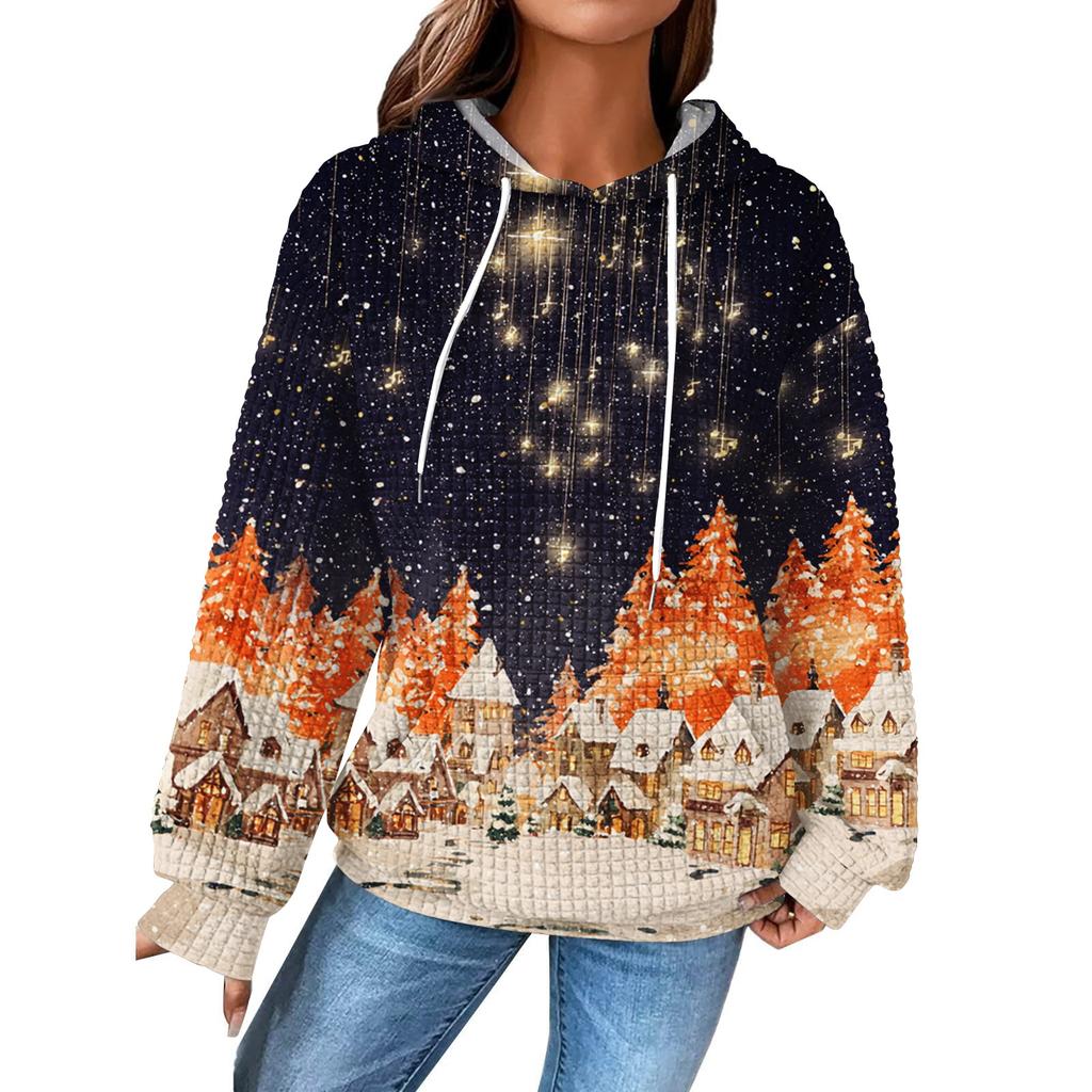 Dammode Lös Pullover med Huva Långärmad Rutig Sweatshirt med Dragsko, Nedhasad Axel, Ficka, Jultryck Topp