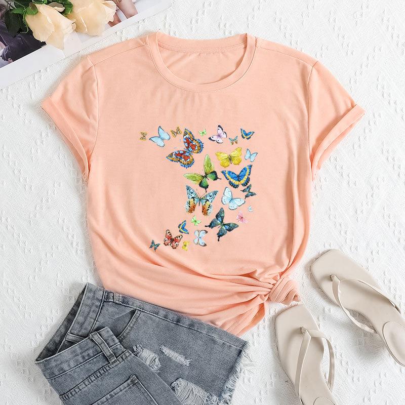 

Летние женские футболки свободного покроя с цветным принтом бабочек и круглым вырезом из чистого хлопка с короткими рукавами для женщин 3XL