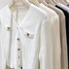 French Soild Elegant Knitted Cardigan Women Casual V-neck Base White Long Sleeved Sweater Tops Spring Autumn 2025