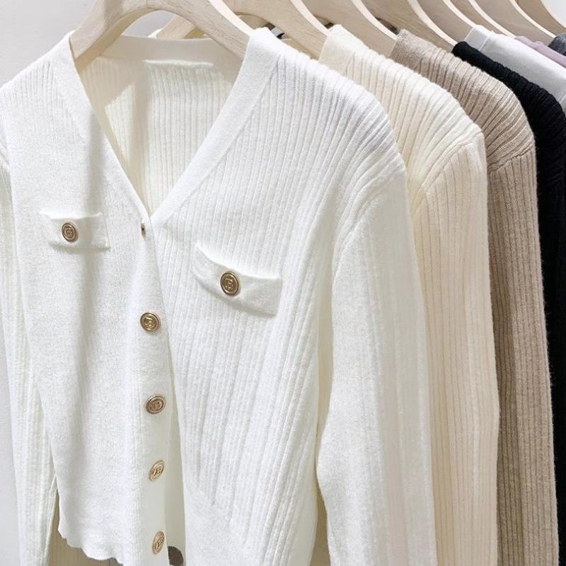 French Soild Elegant Knitted Cardigan Women Casual V-neck Base White Long Sleeved Sweater Tops Spring Autumn 2025