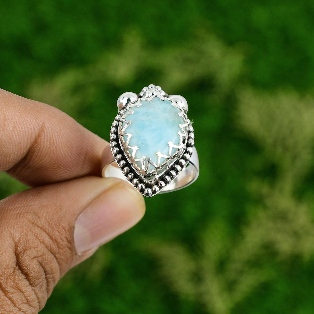 925 Sterling Silver Pear Natural Larimar Mother Statement Bezel Anniversary Ring