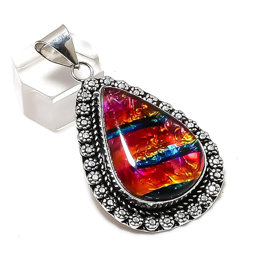 Natural Ammolite Gemstone Handmade 925 Sterling Silver Pendant 2.25  ETC-14259