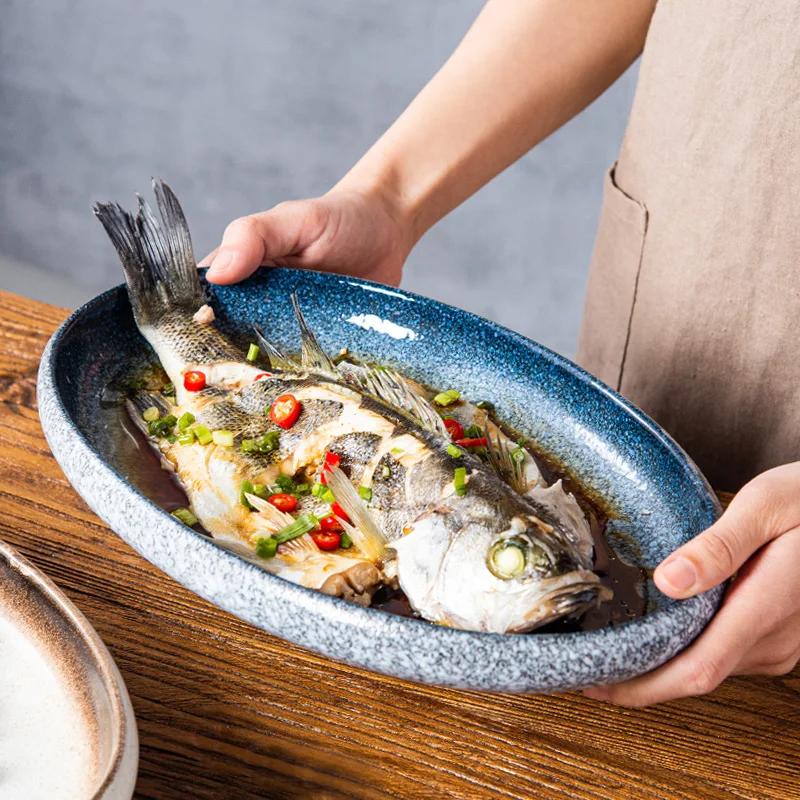 Creative Loading Fish Plate Household Special Elliptical Plate for Chop Pepper Head Set Fish Ceramic Steaming Fish Plate