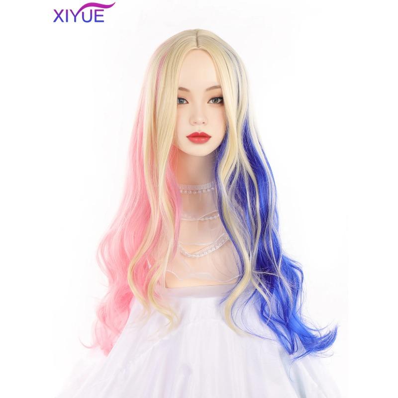 XIYUE Synthetic Long Wavy Rainbow Ombre Blonde Blue Red Wig with Bangs Lolita Cosplay Fluffy Women Hair Wig for Daily Party