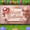 2D Happy Birthday Photography Backdrop Elegant Rose Gold Glitter Balloon and Flower Background