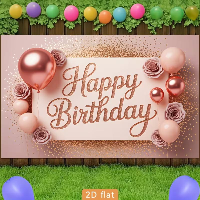 2D Happy Birthday Photography Backdrop Elegant Rose Gold Glitter Balloon and Flower Background