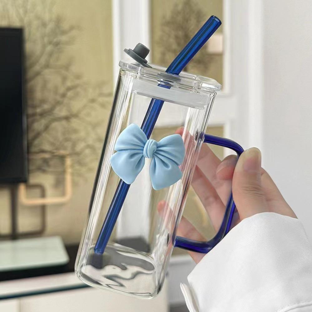 With Lids and Handle Square Glass Mug Transparent Coffee Cup Household Bow Straw Cup  Gift