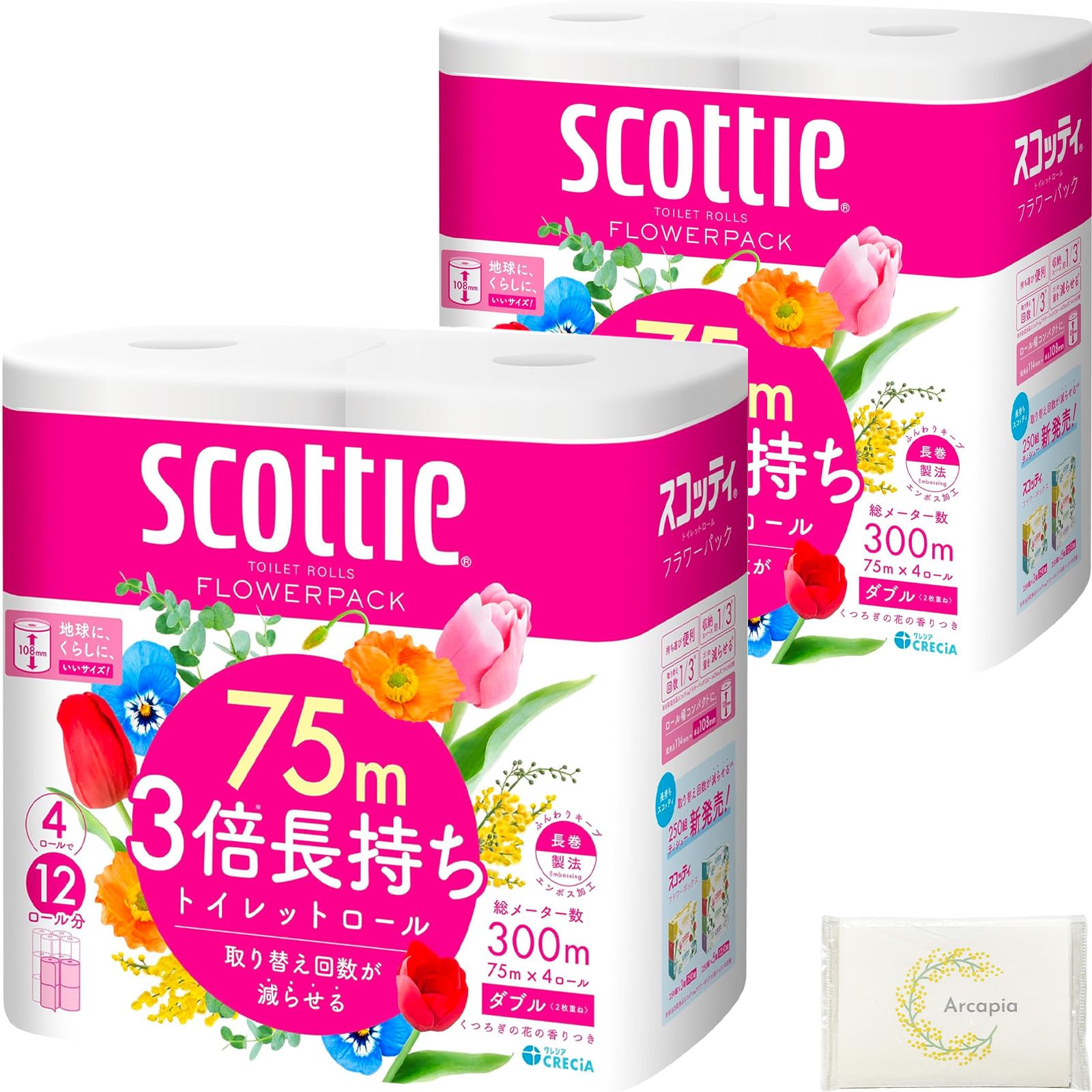 

Туалетная бумага Scotty Kao Flower Pack 3x Long Lasting 4 Rolls 75m Double 2 Bags with Paper Trial Regular Use