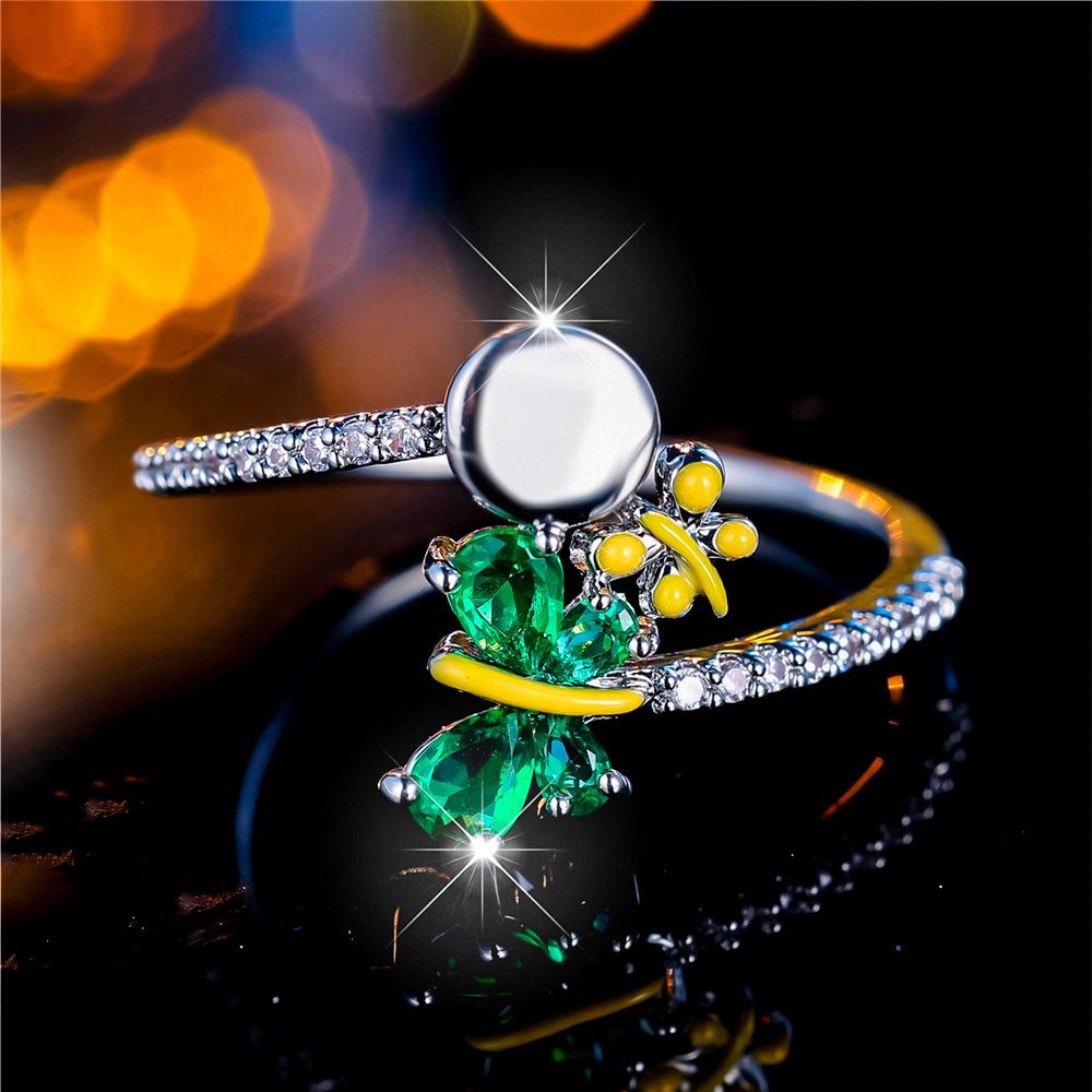 Luxury Female Small Green Zircon Stone Butterfly Ring Silver Color Elegant Gift Wedding Jewelry For Women