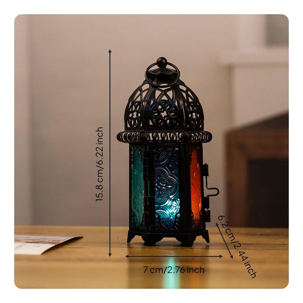 Iron Candle Holder Lantern Tealight Glass Metal Frame with Openwork Pattern And