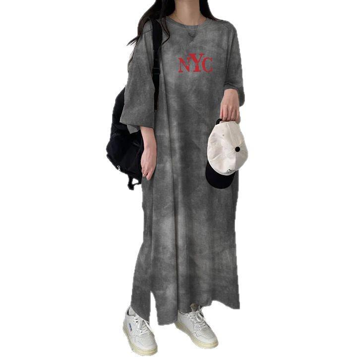 Women's 2024 Summer Tie-Dye Japanese Short-Sleeve Dress - Loose, Casual, Mid-Length Tee Design