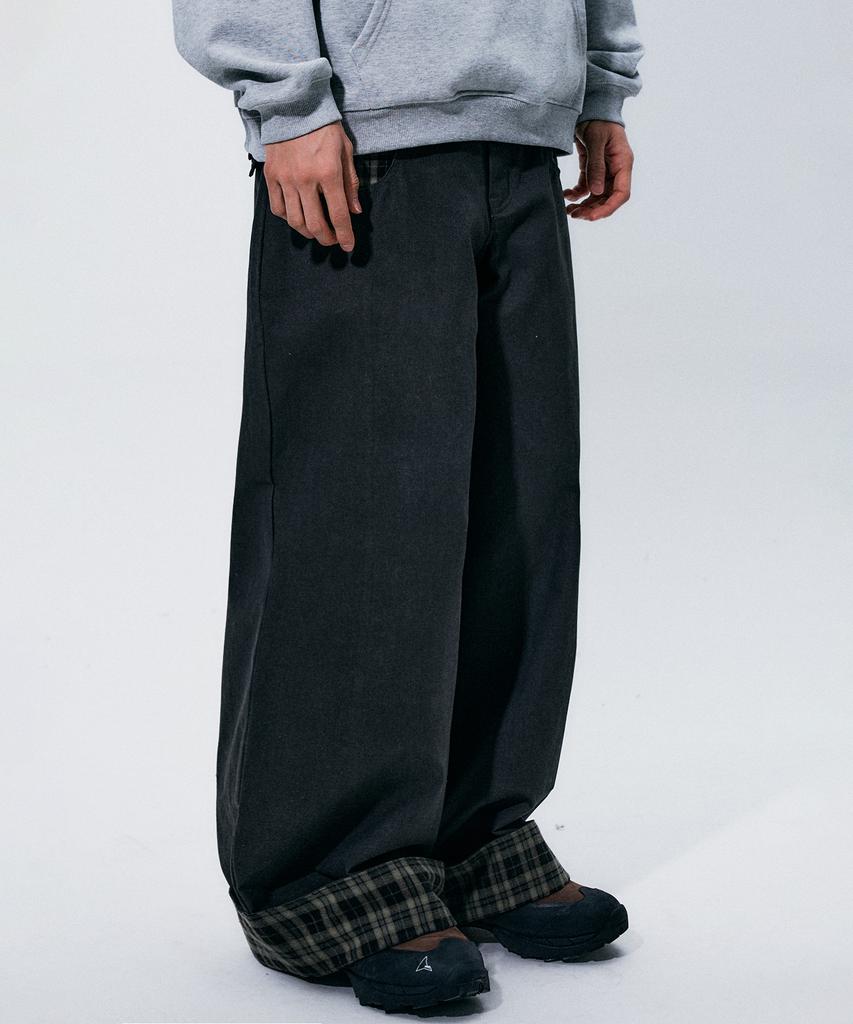 SOMEPLACE MAN Point Check Pocket Color Block Rolled-Up Oversized Wide Cotton Pants [Charcoal]