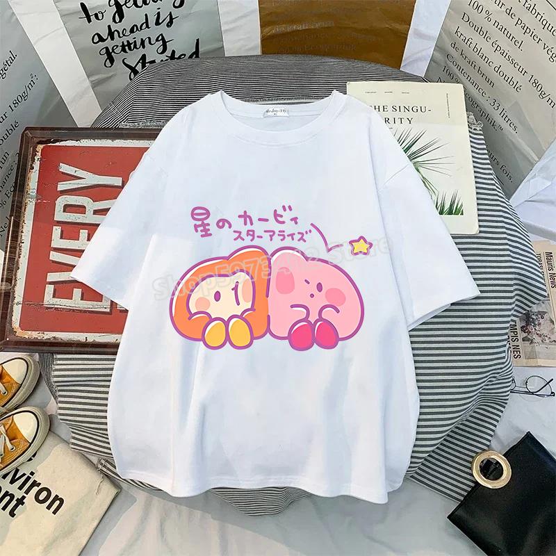 Kirby Shirt Summer O-neck Round T-shirt Cotton Short-Sleeve Tops Solid Color Adult Printed Anime White Tshirt Collar Couple Tees