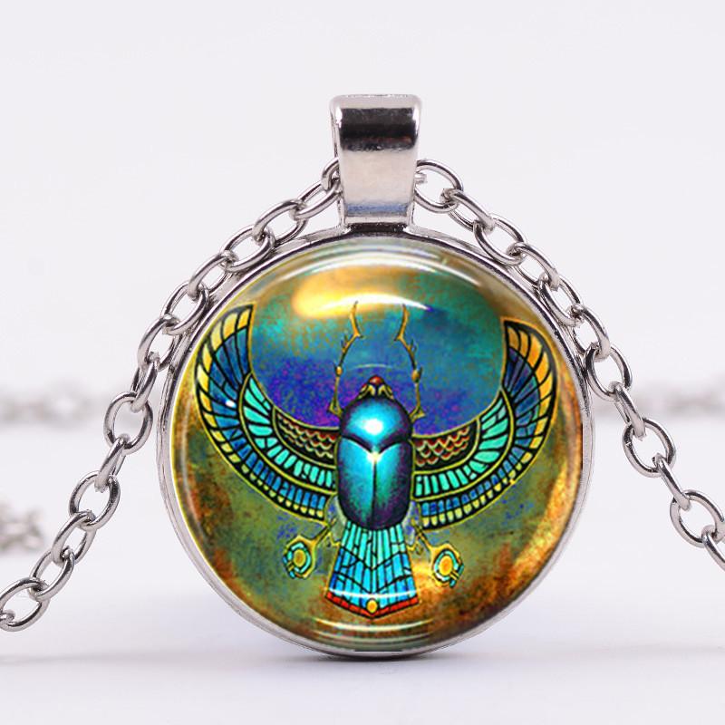 

Древнеегипетское ожерелье с подвеской в ​​виде жука-скарабея, винтажное художественное ожерелье со стеклянным кабошоном для женщин, ювелирные изделия Silver&50CM