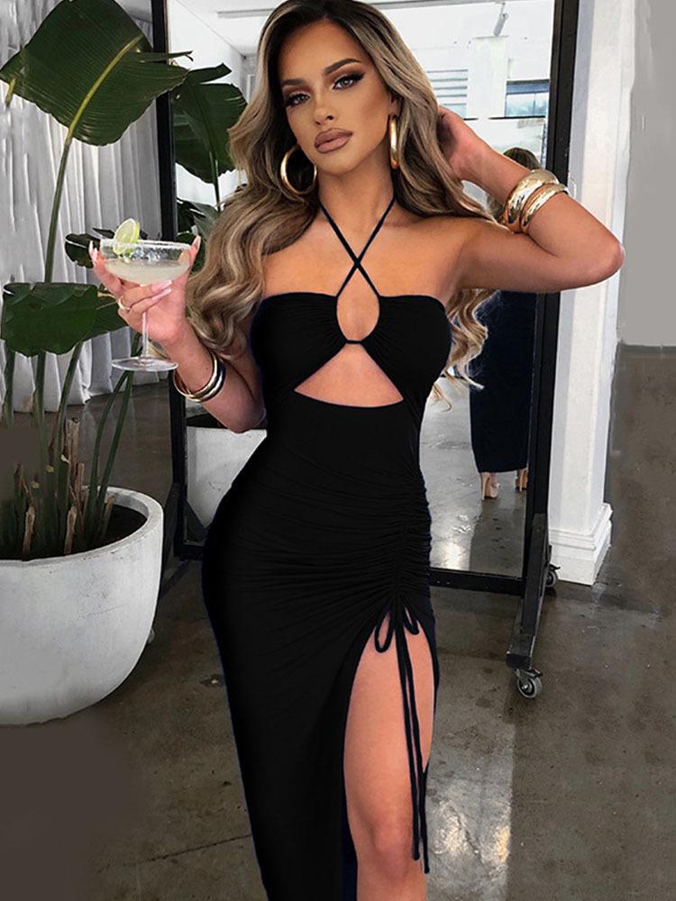 Spring Sexy High Slit Halter Neck Dress - European & American Style