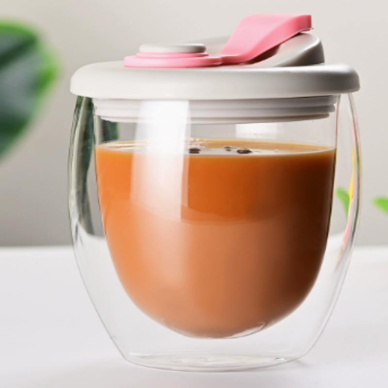 

Double Wall Glass Coffee Mug With Silicone Lid Insulated Coffee Tumbler With Lid For Travel & Home