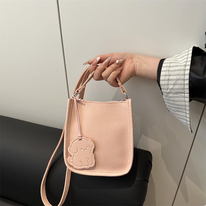 Color Simple Solid Lychee Pattern Embossed Women Square Bag With Pendant Cartoon