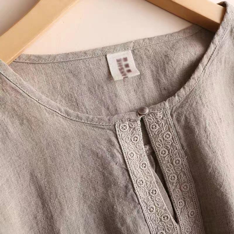 Women Summer Cotton Linen Shirts Vintage Blouses Autumn Casual Solid Color Shirt Sleeve Simple Loose Shirts