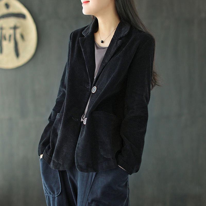 Spring 2023 Women's Corduroy Suit Collar Jacket - Retro Casual Solid Color Long Sleeve Outerwear