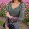 Women's Winter Slim-Fit Base Layer T-Shirt Fashionable Print V-Neck Pullover Long-Sleeved Top