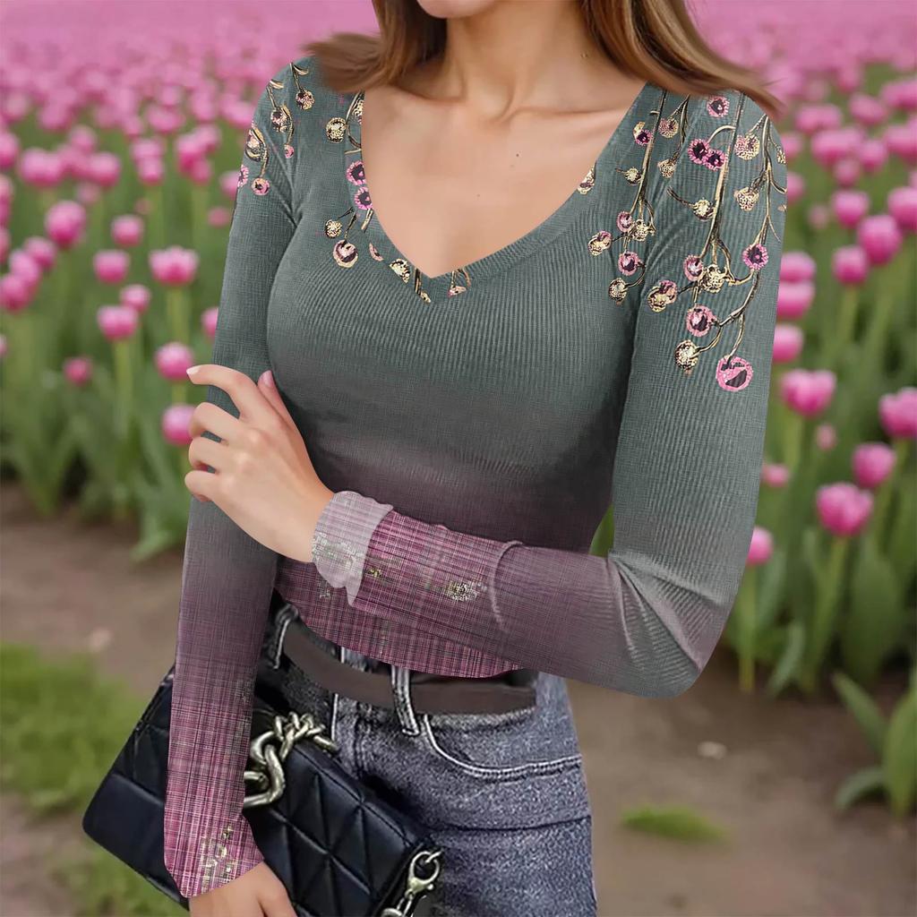 Women's Winter Slim-Fit Base Layer T-Shirt Fashionable Print V-Neck Pullover Long-Sleeved Top