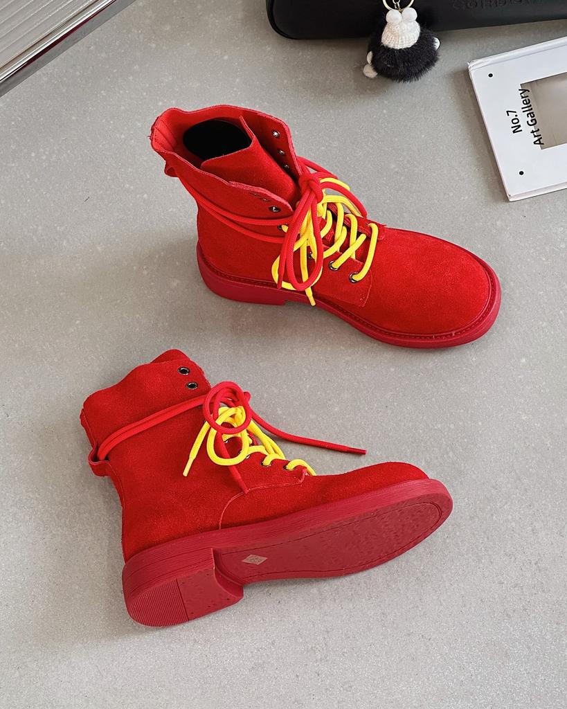 Retro matte leather thick-soled Martin boots women's 2025 spring and summer new double shoelaces versatile short locomotive boots thin boots