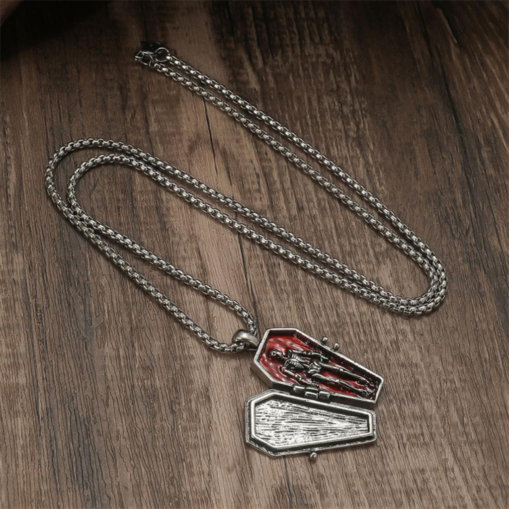 Vintage Halloween Openable Coffin Skeleton Skull Pendant Necklace Stainless Steel Chain Choker Gothic Punk Jewelry For Women Men