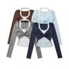 American Spicy Girl Colorblock Twisted Long Sleeve Contrast Halter Shirt - Women's Spring/Autumn Slim Fit 