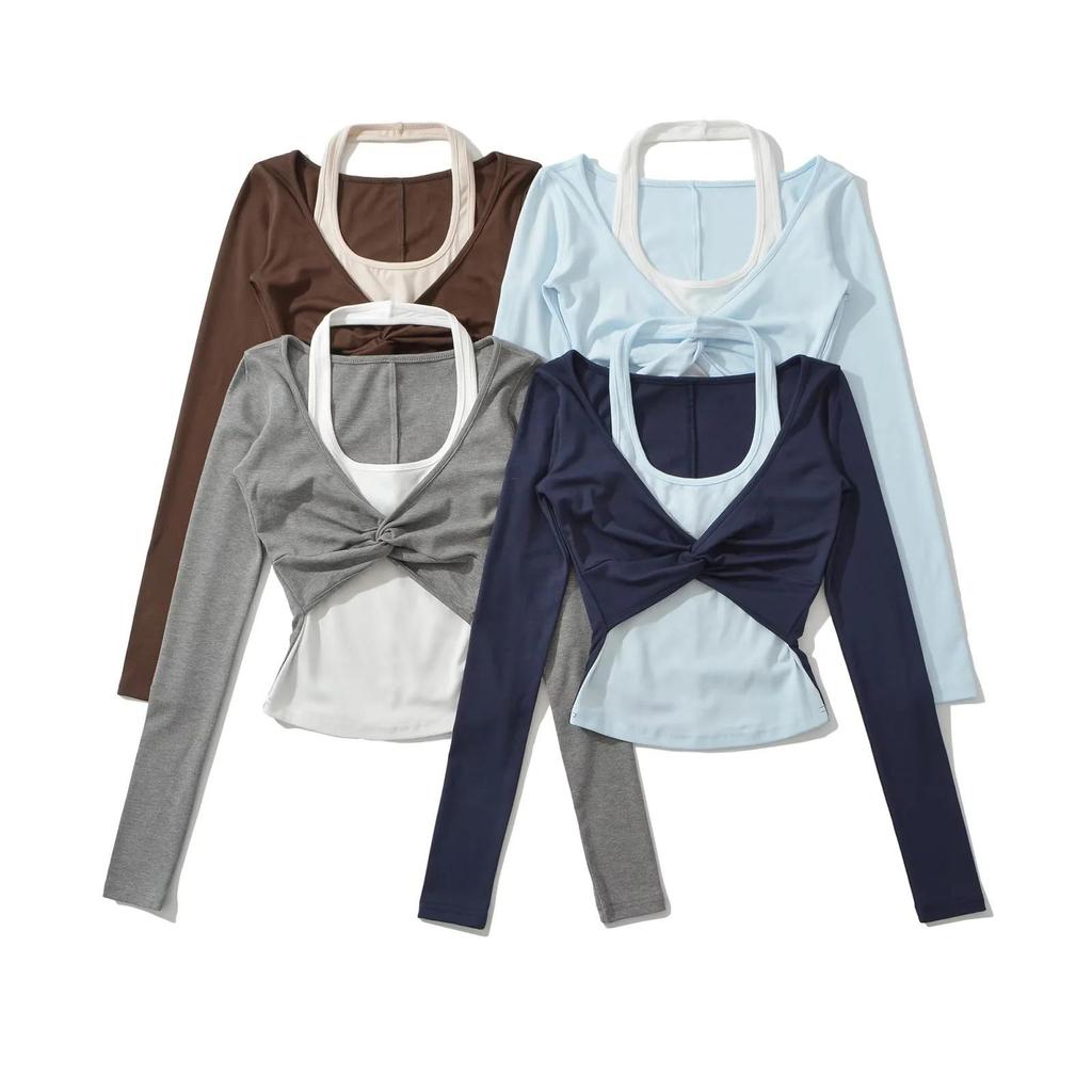 American Spicy Girl Colorblock Twisted Long Sleeve Contrast Halter Shirt - Women's Spring/Autumn Slim Fit 