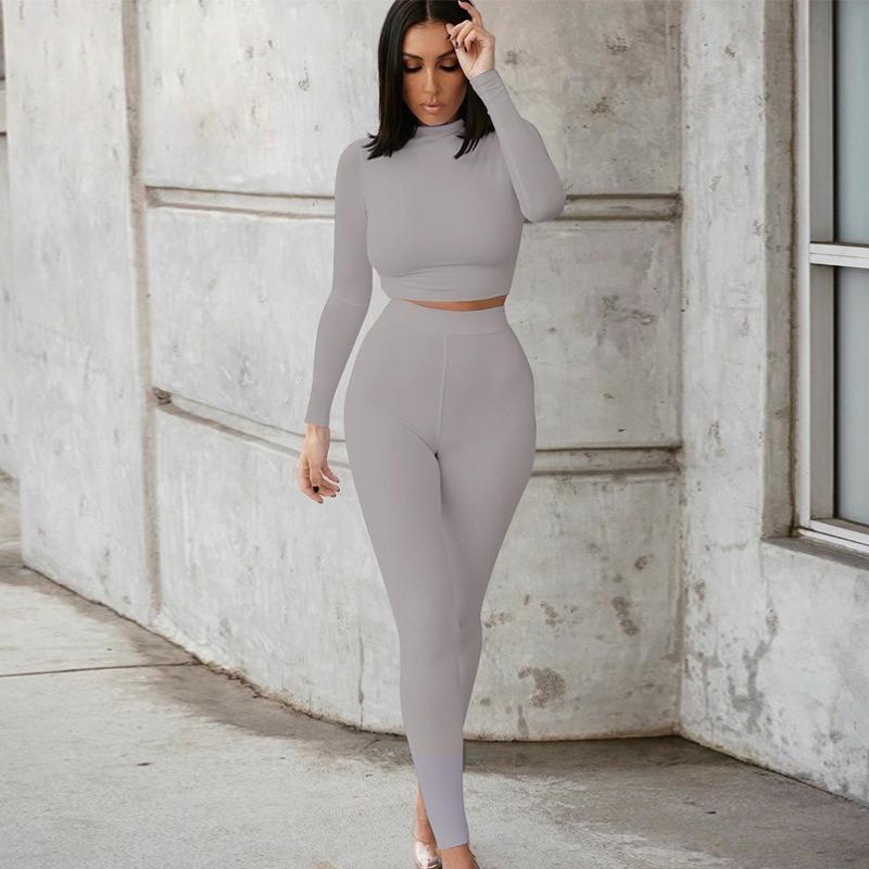 VEZFAA Women's Fashion Casual Spring Autumn Solid Color Print Long Sleeve O-Neck Trousers Pants Suits