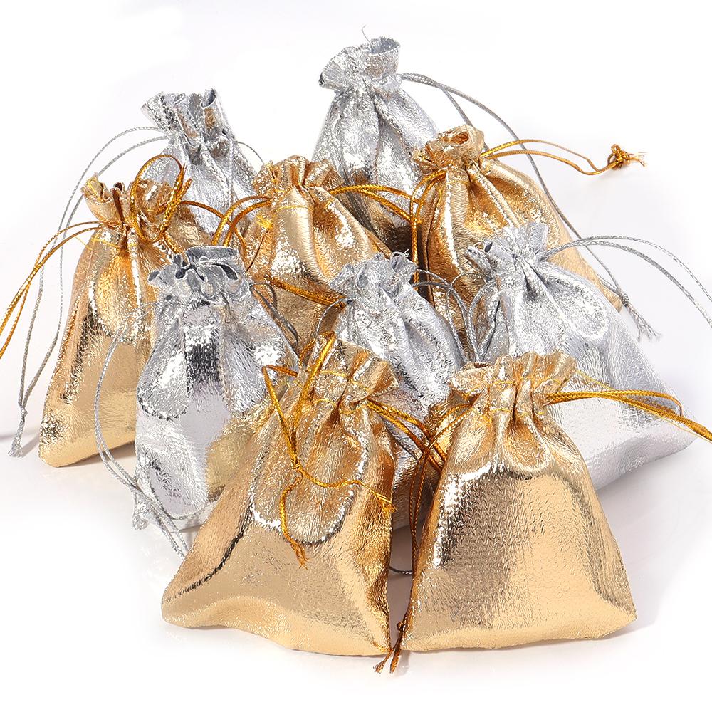 5-10Pcs Silver/Gold Foil Cloth Drawstring Bags Jewelry Gift Bags Candy Beads Bracelet Packing Pouch For Wedding Gift Storage Bag