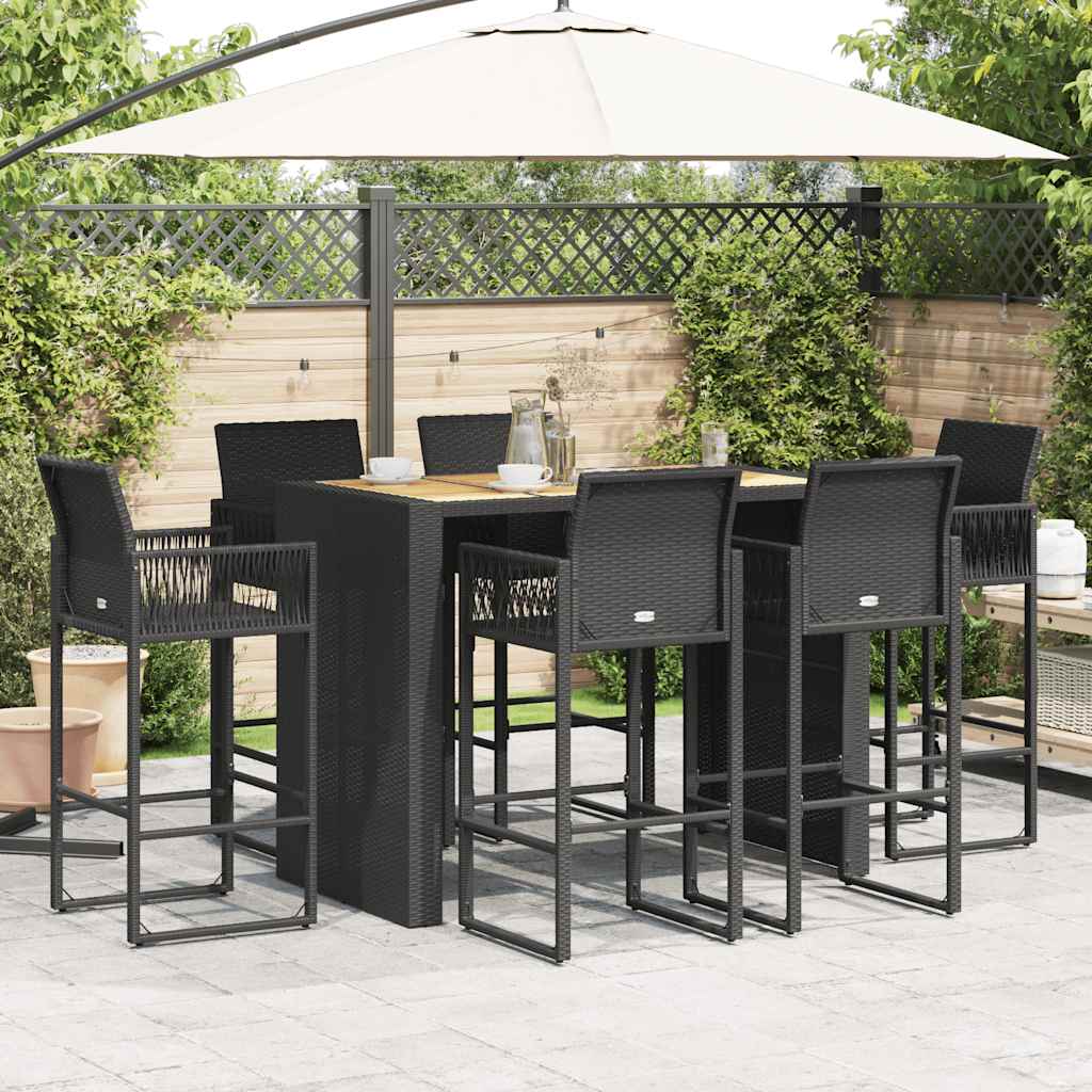 7 Piece Outdoor Bar Set Without Cushions Black Poly Rattan Acacia