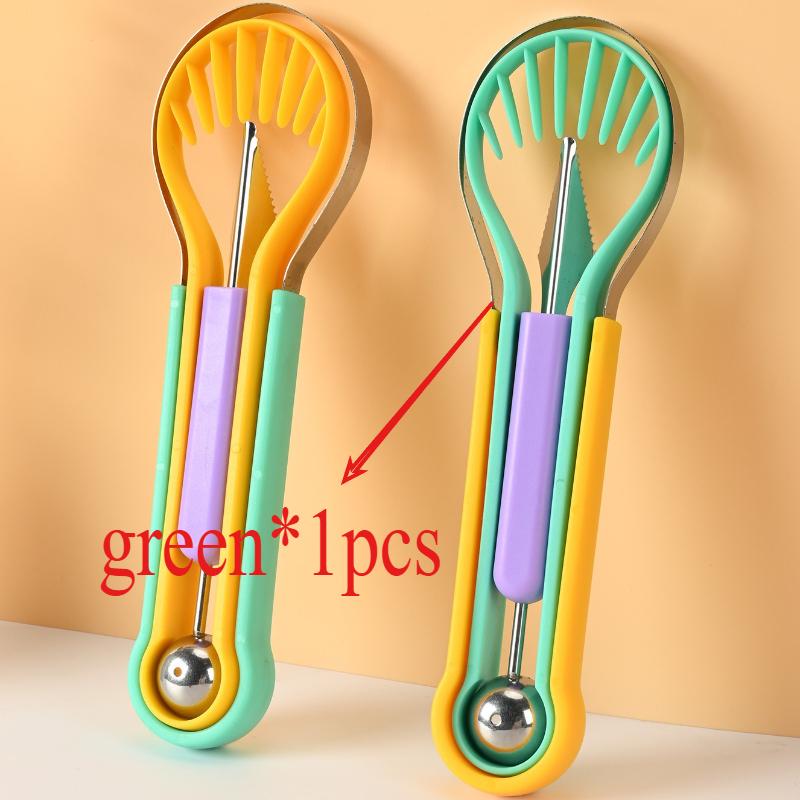 

3-in-1 Stainless Steel Fruit Cutter Set Multifunctional Fruit Ball Digger Fruit Watermelon Meat Digger Meat Carving Tools зелёный