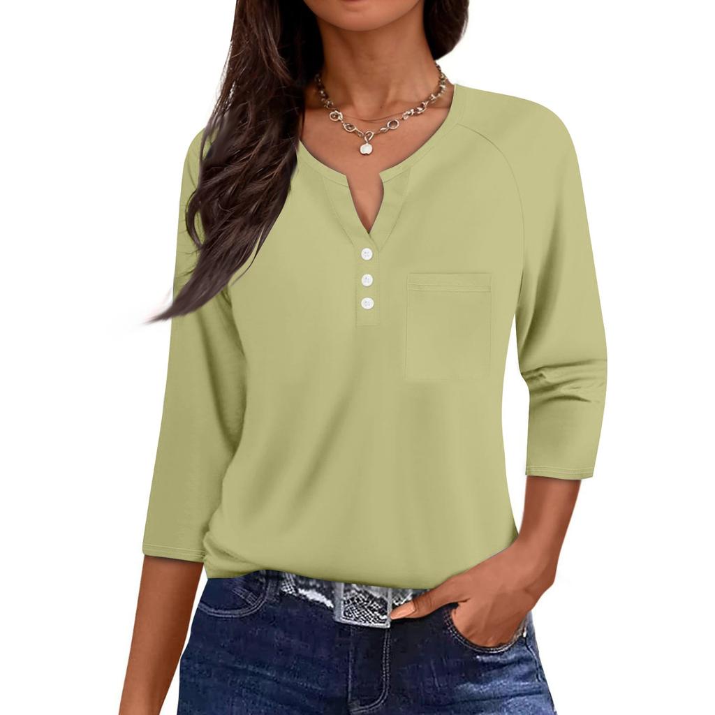 Ladies Casual Fashion V-neck Loose Versatile Color Printed Three-quarter Sleeves