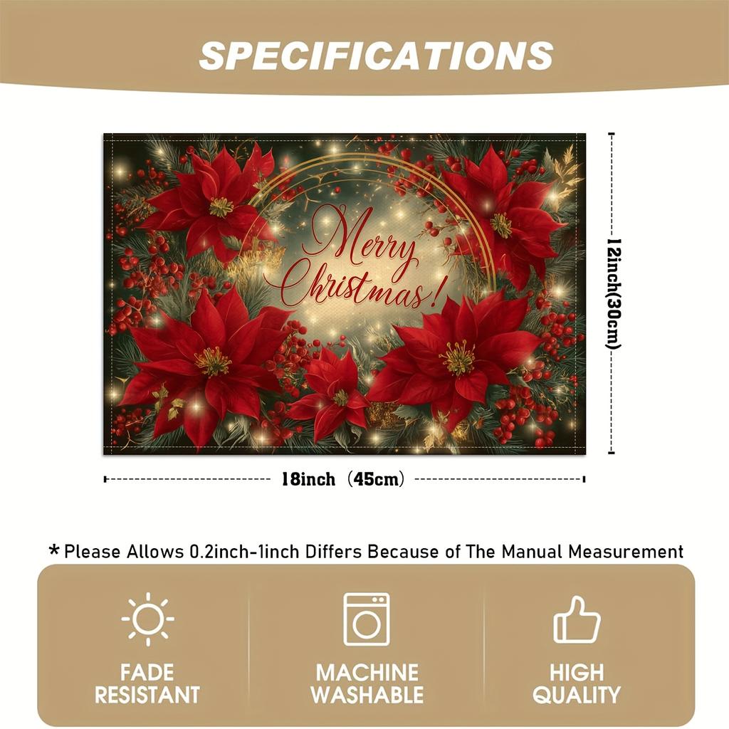 4/6pcs, Christmas Poinsettia Placemats, Merry Christmas with Red Berries and Green Pine Branches Linen Table Mats, Suitable for Holiday Kitchen Table