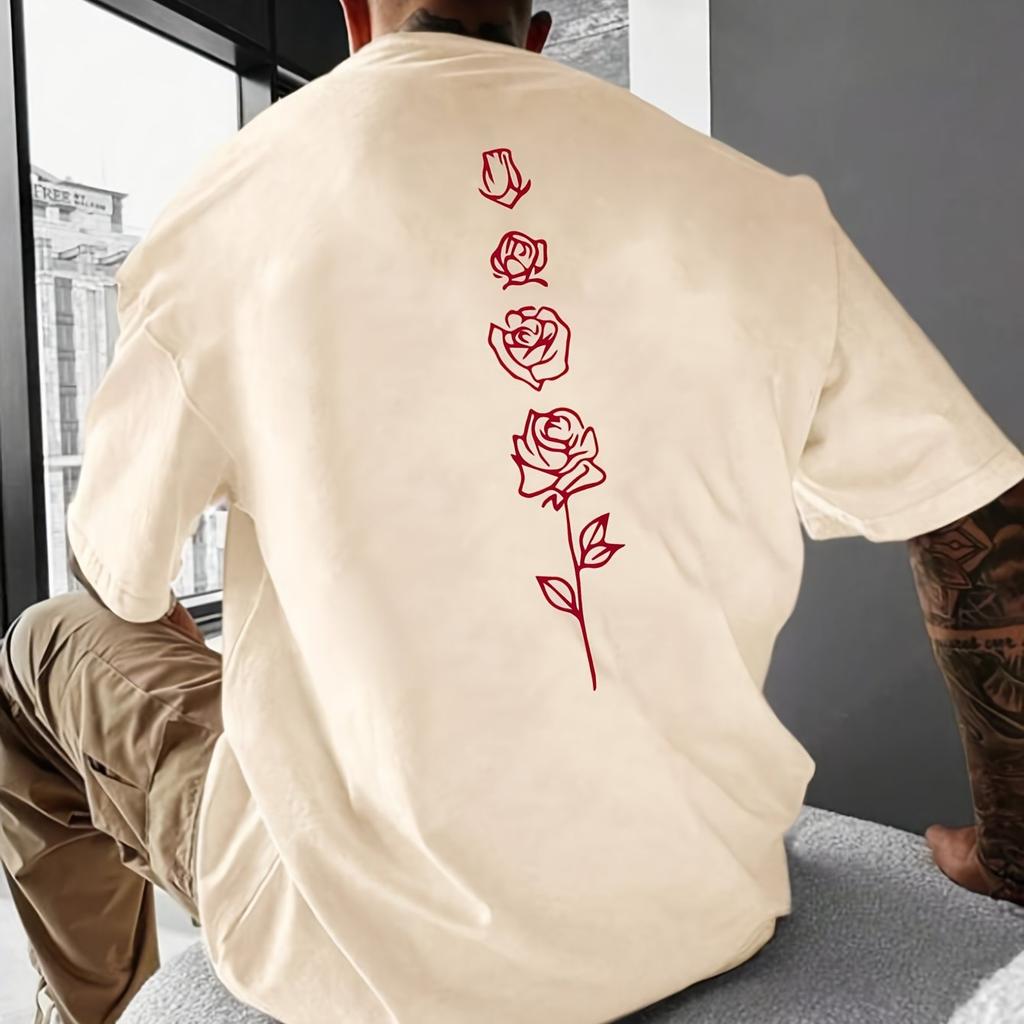 Men's Summer Loose Fit 100 Cotton Rose pattern Print High-Quality Fashion T-shirt Tops