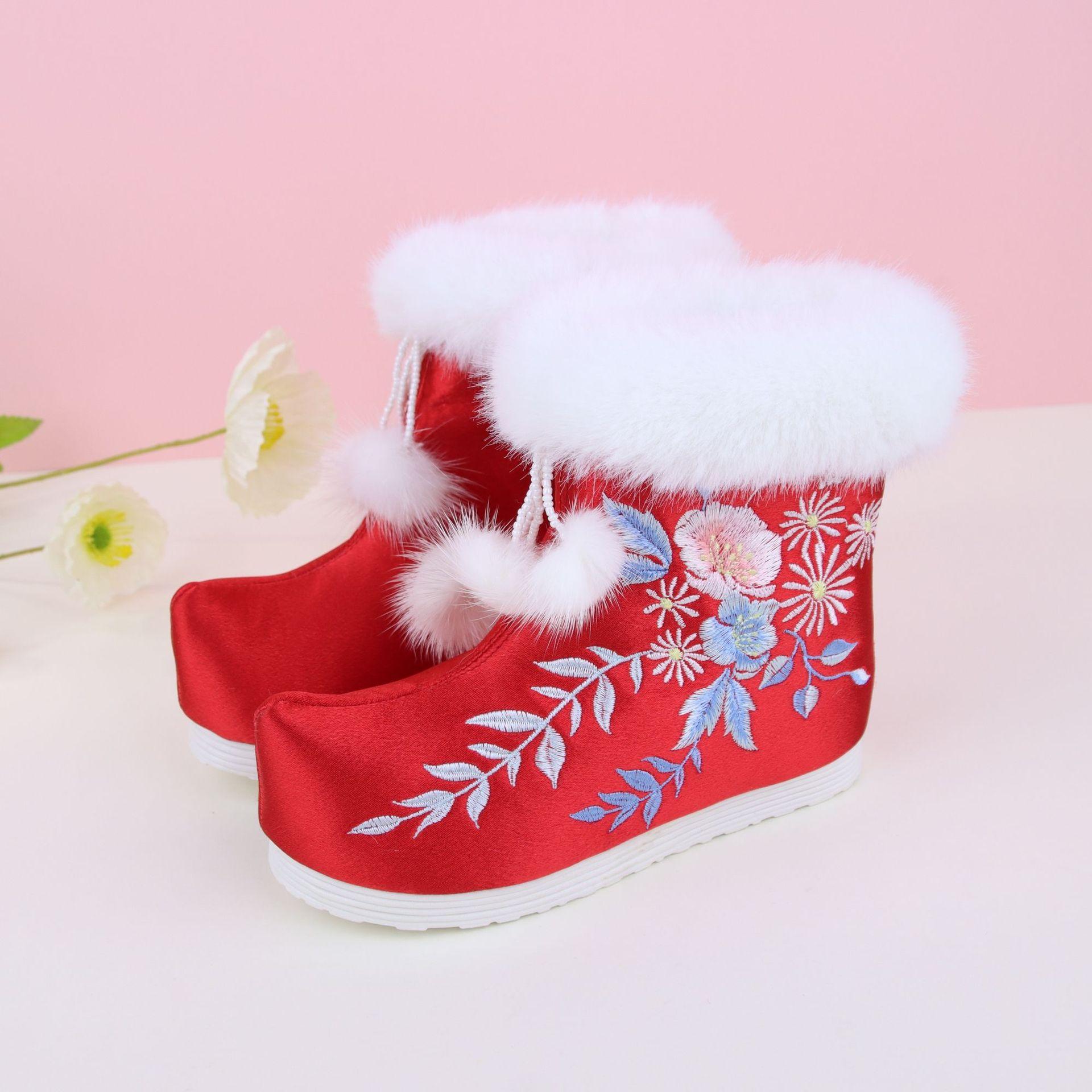 

[Xia Zhi] 2025 winter new children s embroidered boots thickened non-slip snow boots Hanfu girls ancient short boots 34 (215) Inner Length рожевий