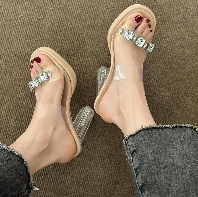 

Водяные бриллиантовые туфли-шлепанцы на высоком каблуке, летняя новинка большого размера, серебристые прозрачные женские туфли в европейском и американском стиле 42